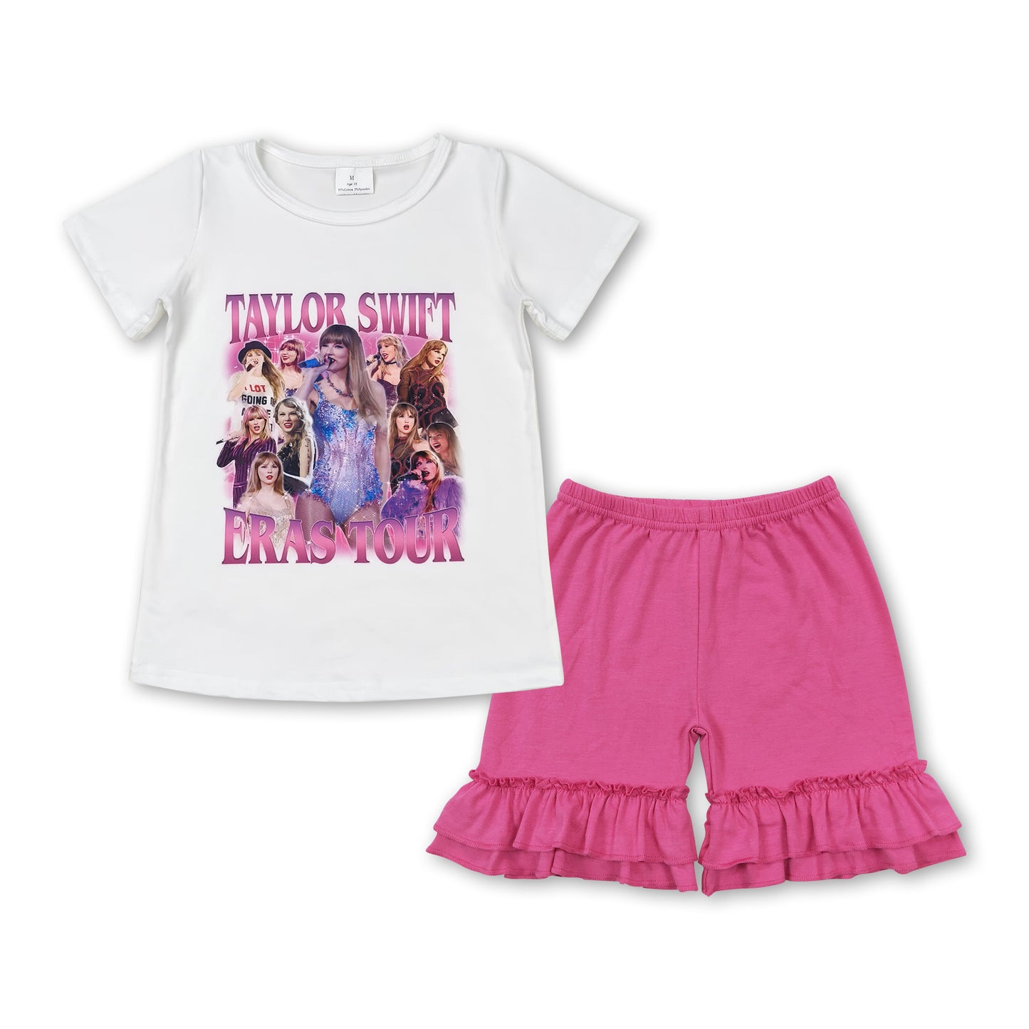 GSSO1391 country singer era tour short sleeve hot pink ruffles shorts girls set