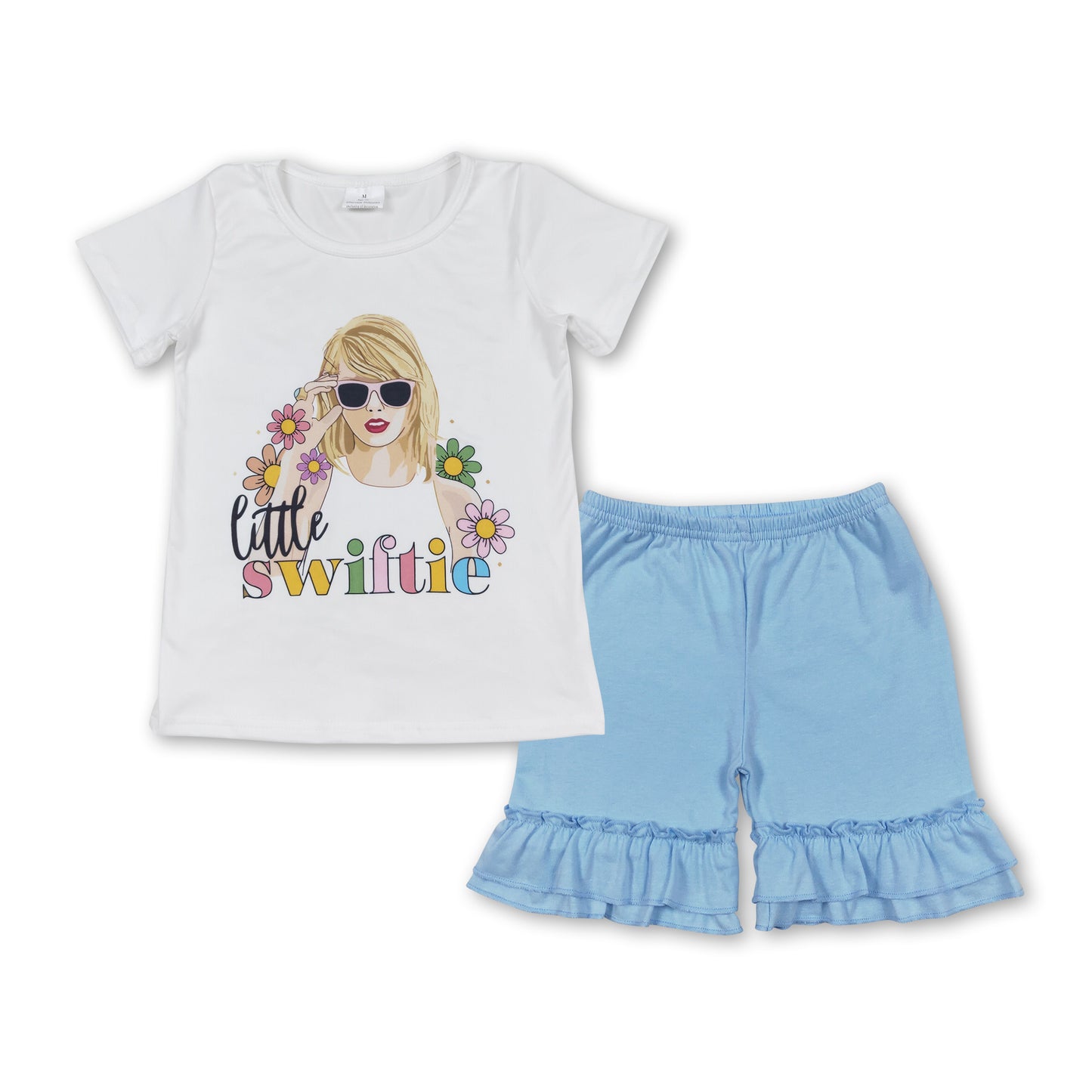 GSSO1393 country singer swiftie short sleeve blue ruffles shorts girls set