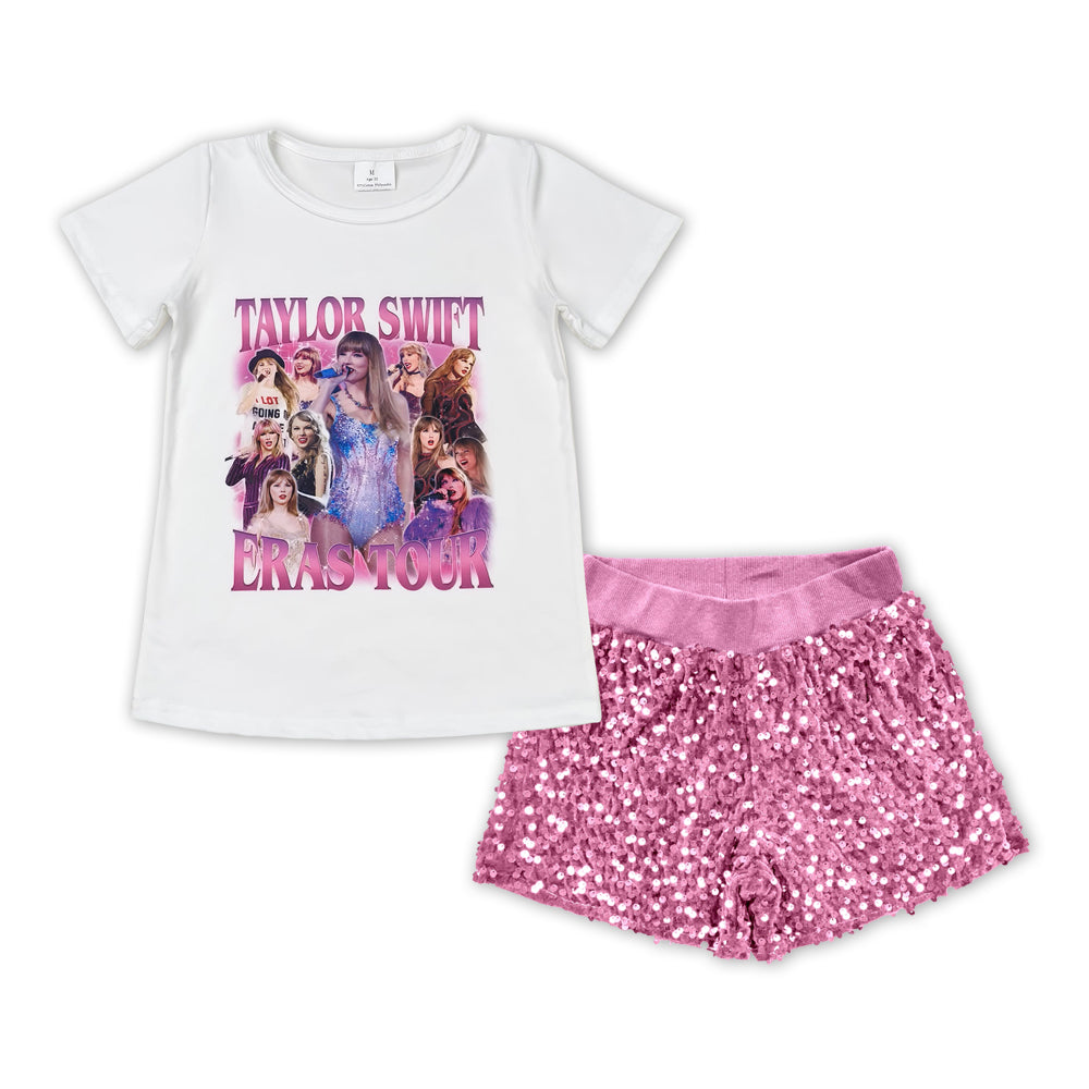 GSSO1423 country singer Taylor eras tour short sleeve pink sequin shorts girls set