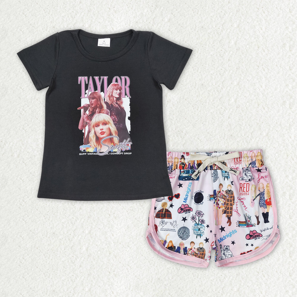 GSSO1429 country singer Taylor black short sleeve pink shorts girls set