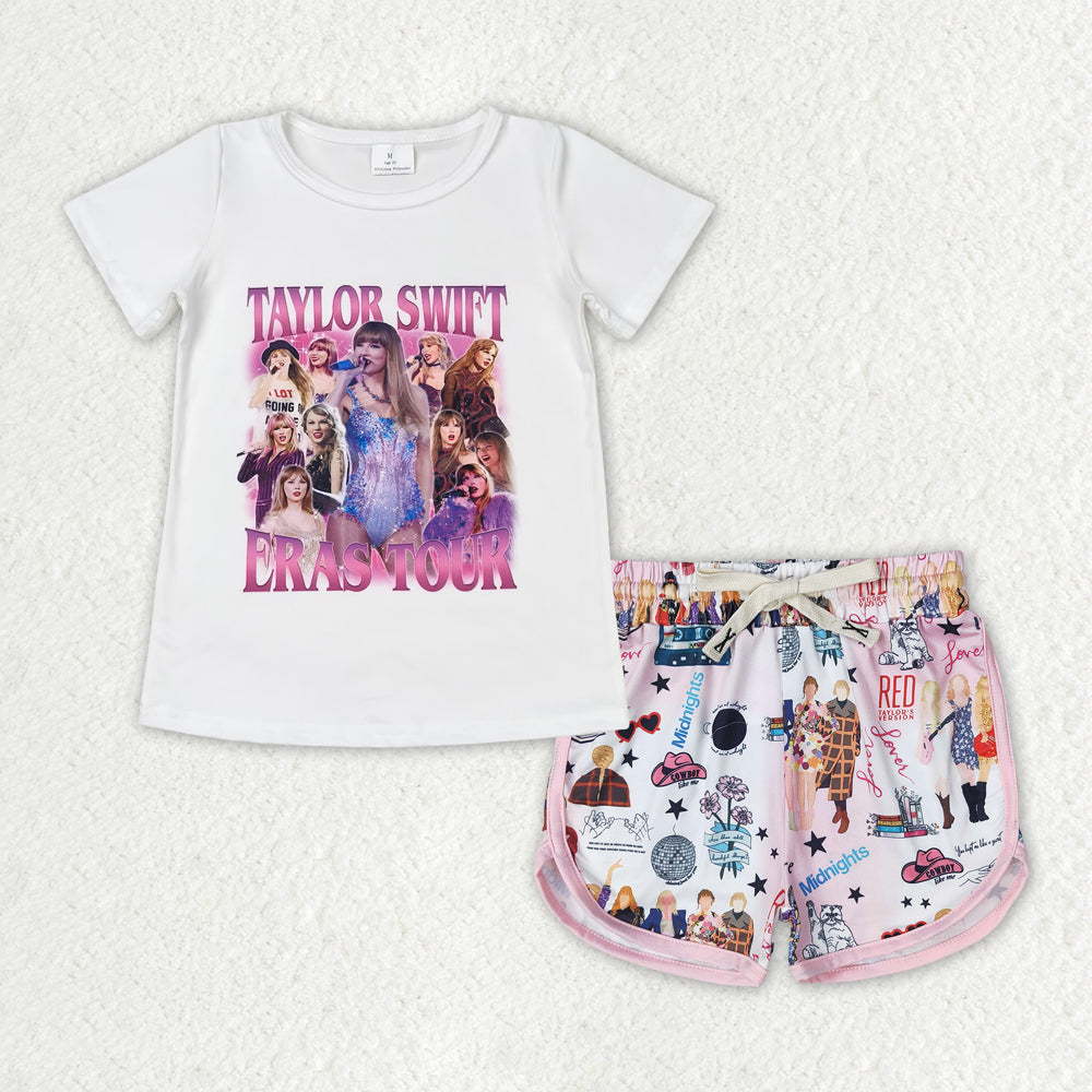 GSSO1430 country singer Taylor era tour short sleeve pink shorts girls set