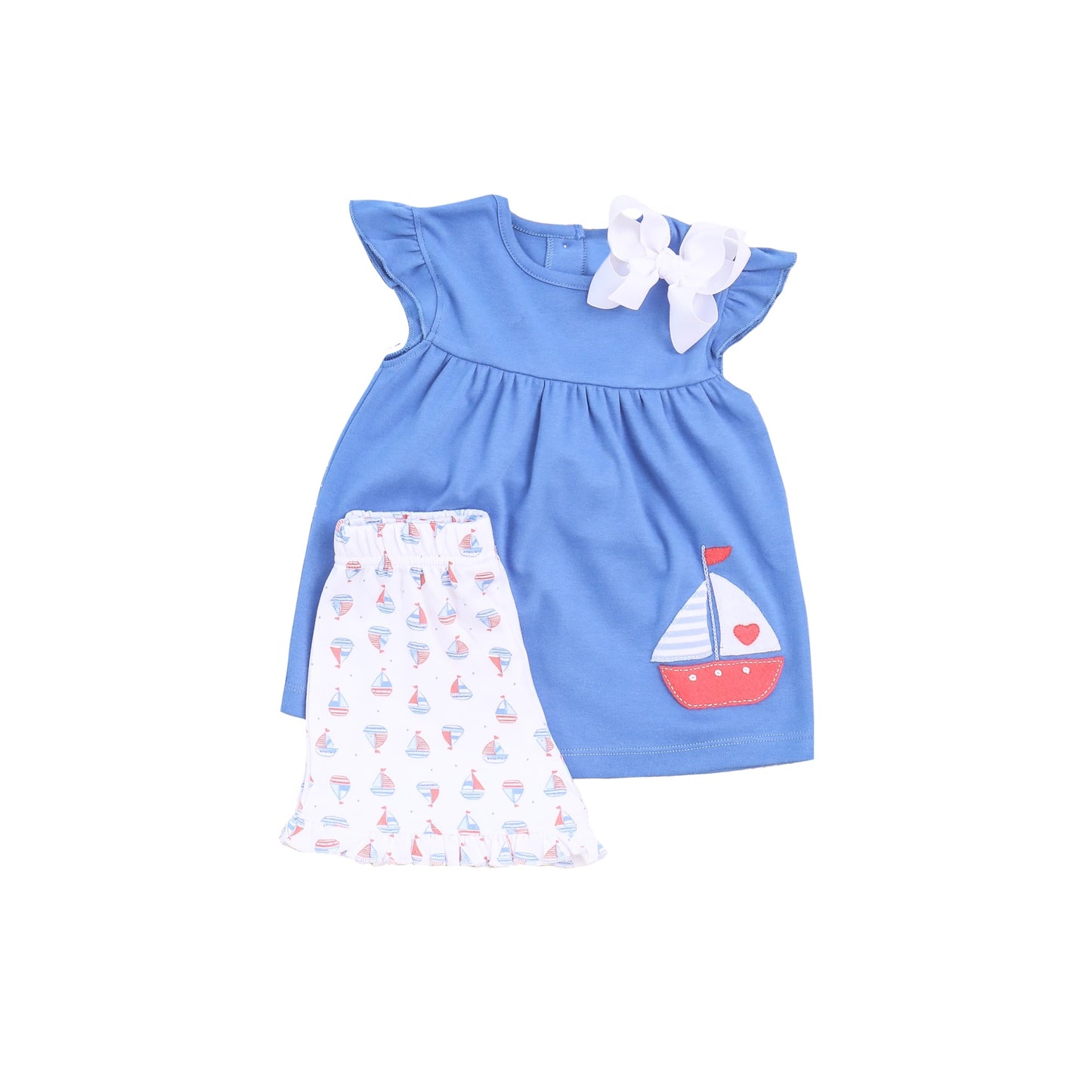 preorder GSSO1434 cute sailboat blue flutter sleeve shorts girls set