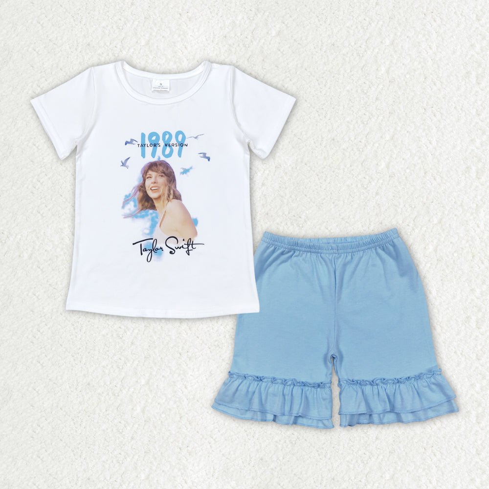 GSSO1453 1989 Taylor country singer short sleeve light blue shorts girls set