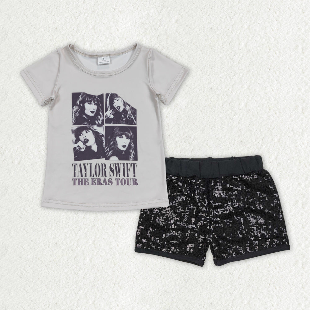 GSSO1454 Taylor country singer short sleeve black sequin shorts girls set