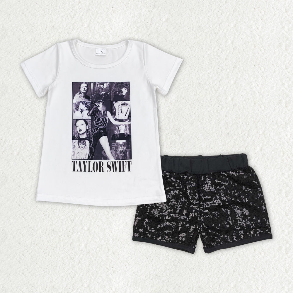 GSSO1458 Taylor country singer short sleeve black sequin shorts girls set