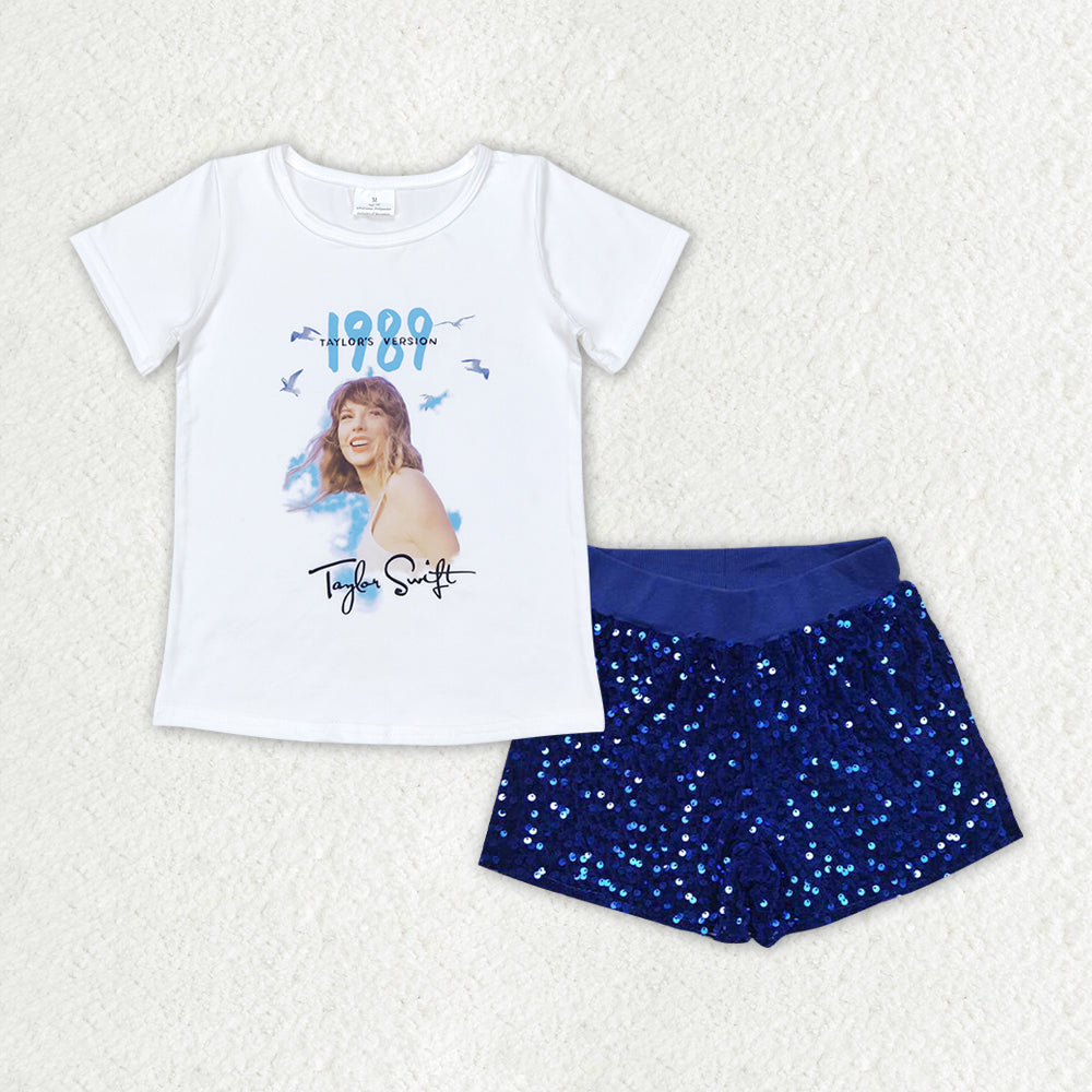 GSSO1459 Taylor country singer short sleeve blue sequin shorts girls set