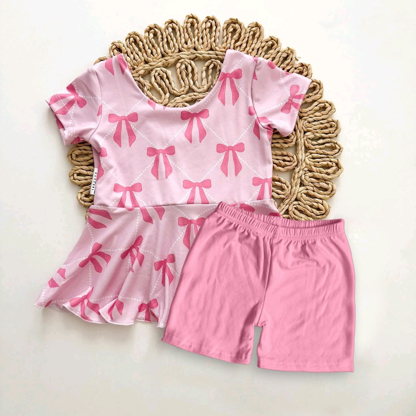 preorder GSSO1472 cute coquette bows pink short sleeve pink shorts girls set