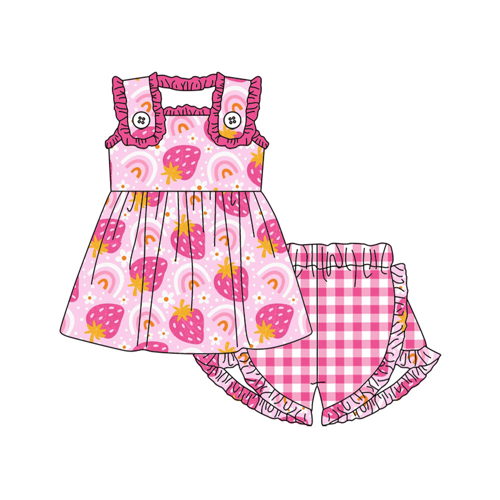 preorder GSSO1473 cute strawberry rainbows sleeveless pink checkered shorts girls set
