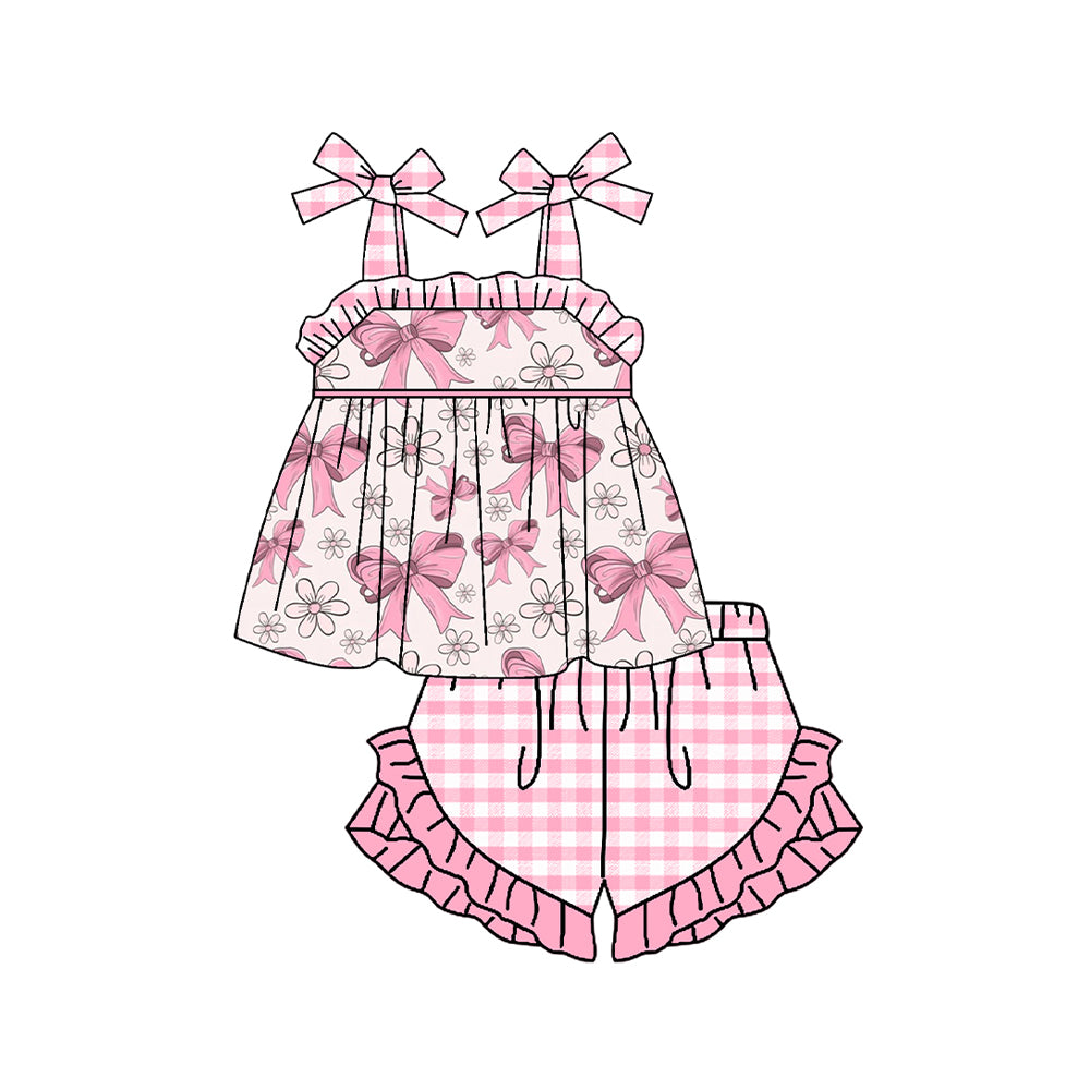 preorder GSSO1474 cute coquette bows flowers pink lace-up pink checkered shorts girls set