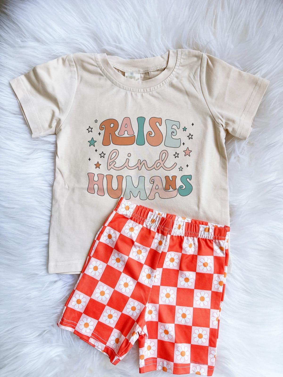 Preorder GSSO1488 raise lind humans star short sleeve pink flowers checkered shorts girls set