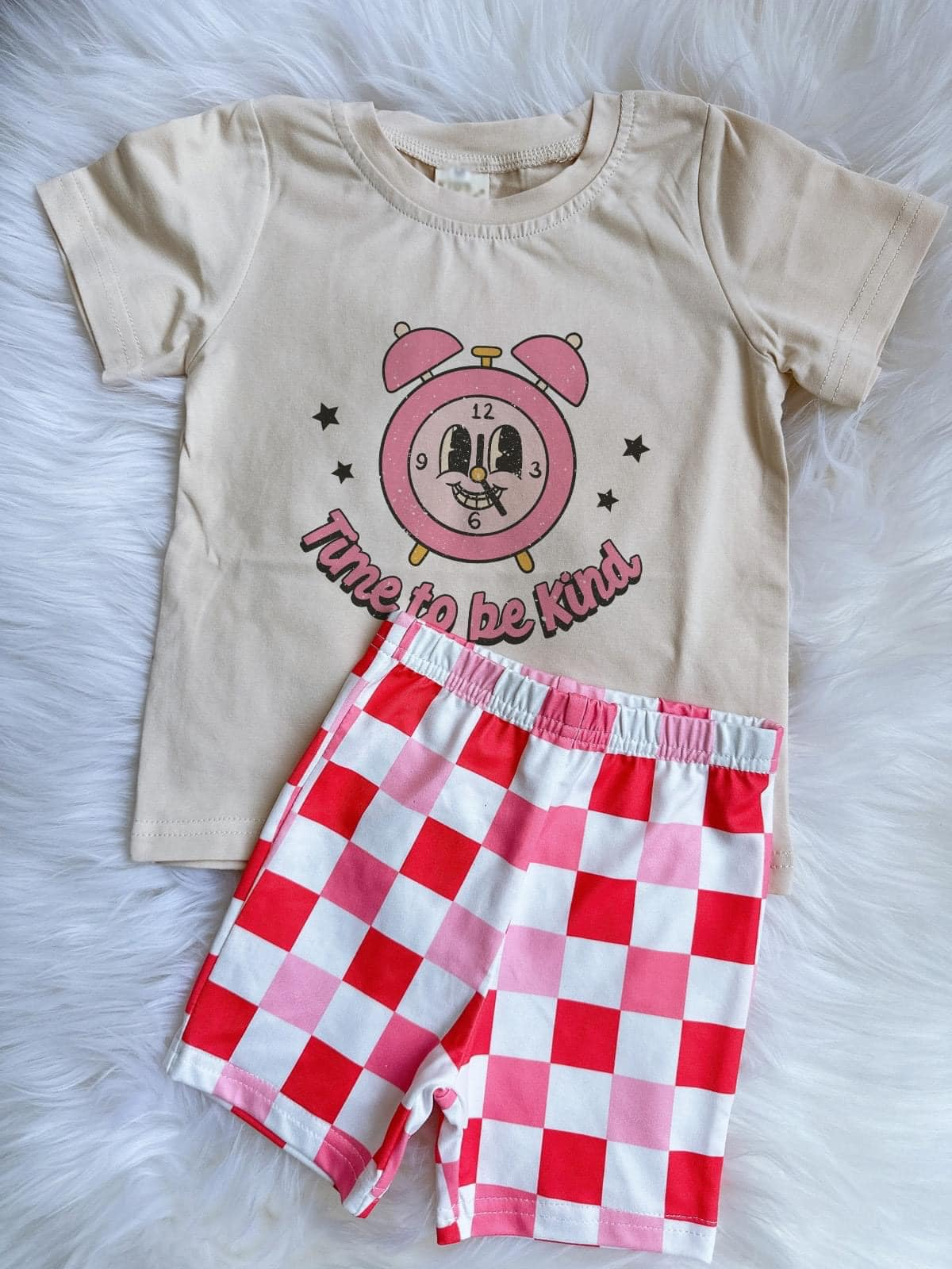 Preorder GSSO1489 Tune to be Kind clock short sleeve pink checkered shorts girls set