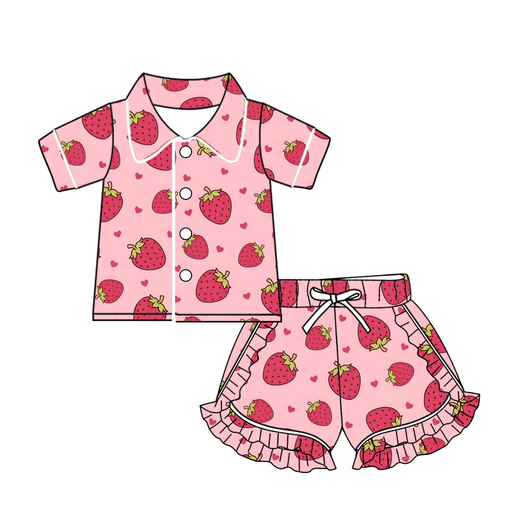Preorder GSSO1492 cute strawberry pink short sleeve shorts girls set
