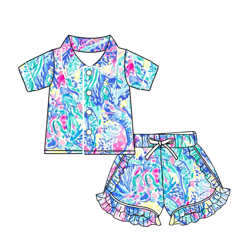 Preorder GSSO1495 colorful print blue short sleeve shorts girls set