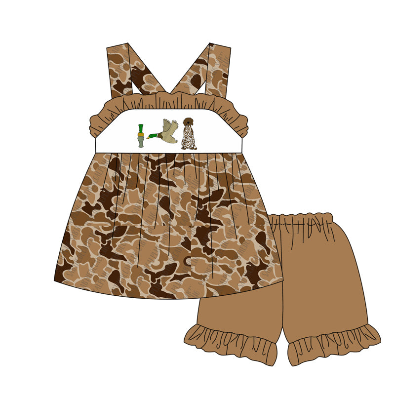 preorder GSSO1521 hunting camo duck call mallard dog camo sleeveless brown shorts girls set