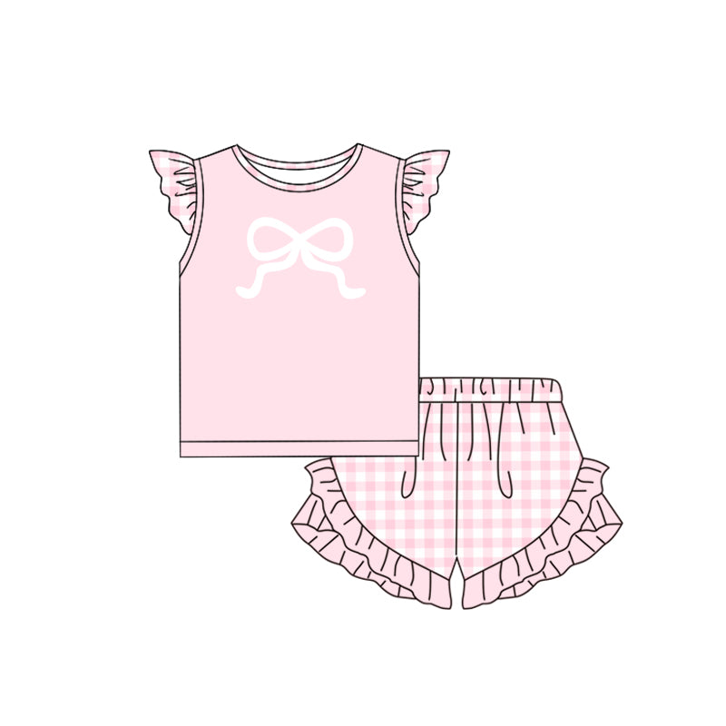 preorder GSSO1527 bow pink flutter sleeve checkered shorts girls set