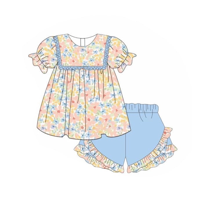 preorder GSSO1528 colorful flowers ruffles short sleeve blue shorts girls set
