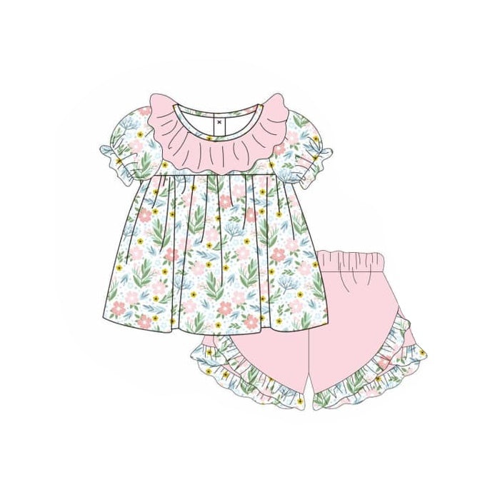 preorder GSSO1529 colorful flowers short sleeve pink shorts girls set