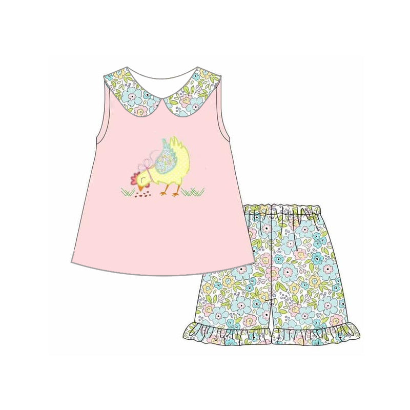 preorder GSSO1532 cute chick pink sleeveless colorful flowers shorts girls set