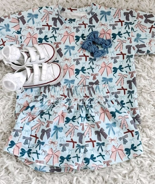 preorder GSSO1541 cute colorful bows blue short sleeve shorts girls set