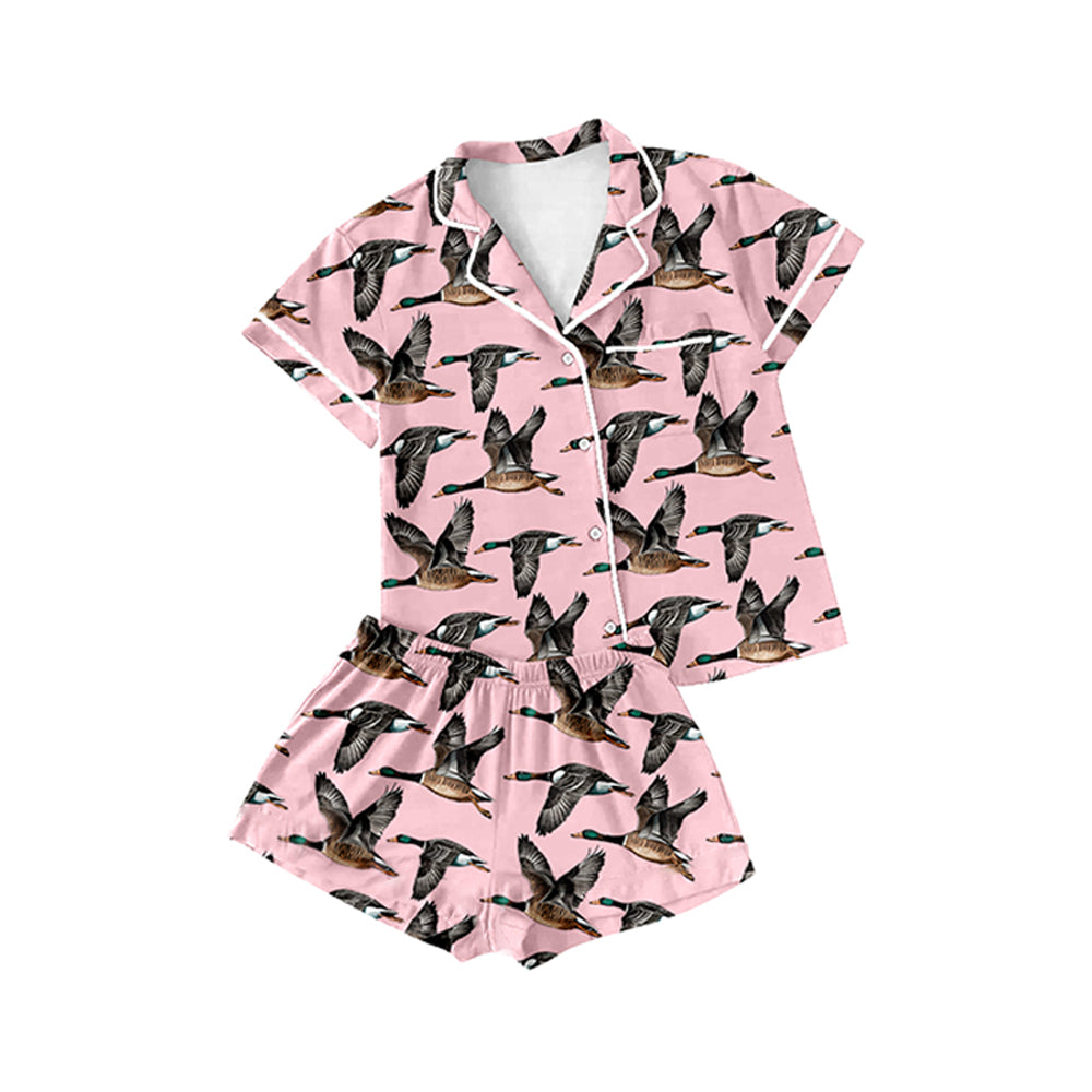 preorder GSSO1551 hunting season mallard duck pink short sleeve shorts adult women pajamas
