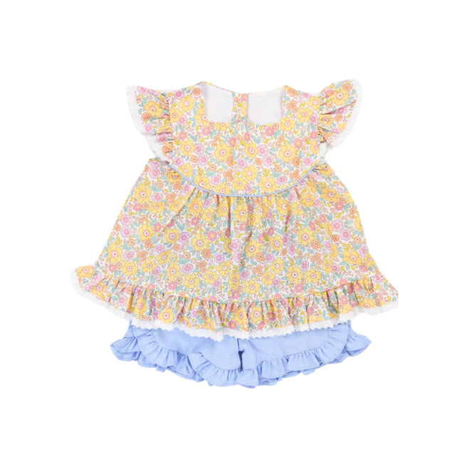 preorder GSSO1552 colorful flowers yellow pink flowers flutter sleeve blue shorts girls set