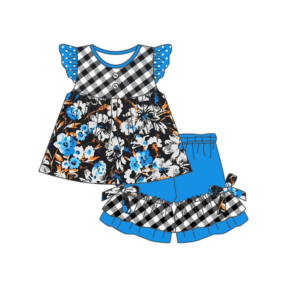 preorder GSSO1558 blue flowers checkered flutter sleeve blue ruffles shorts girls set