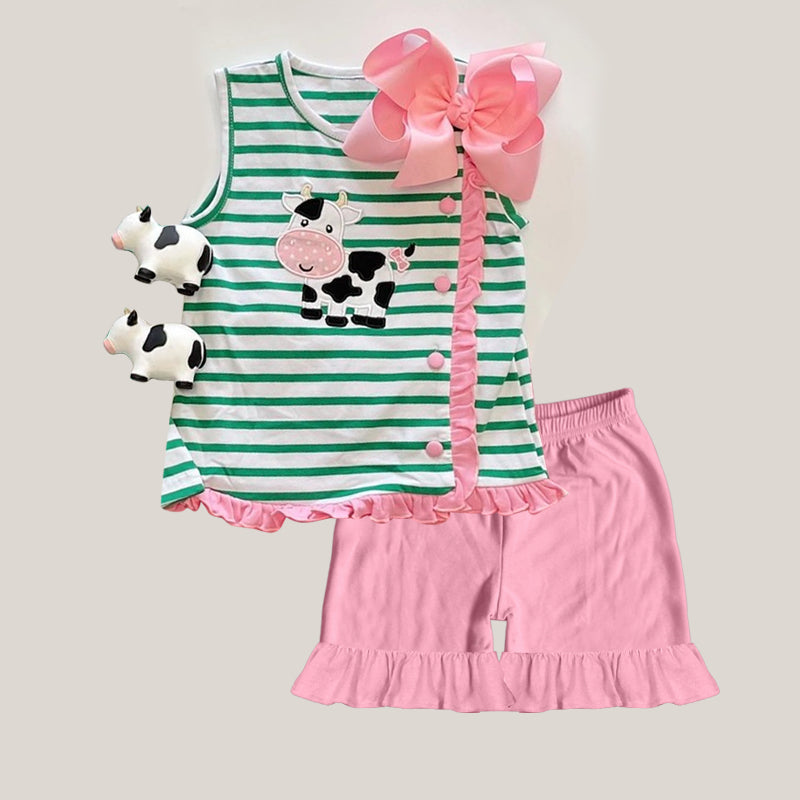 preorder GSSO1562 cute cow green striped sleeveless pink shorts girls set