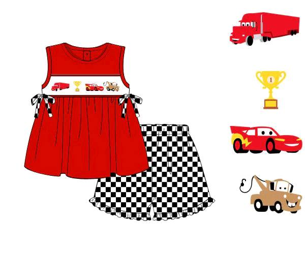 Preorder GSSO1574 cartoon car red sleeveless black checkered shorts girls set