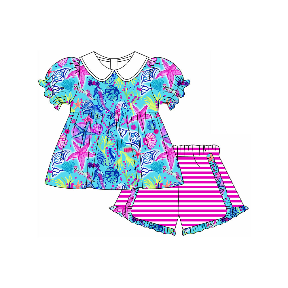 preorder GSSO1580 starfish shell blue short sleeve hot pink striped ruffles shorts girls set