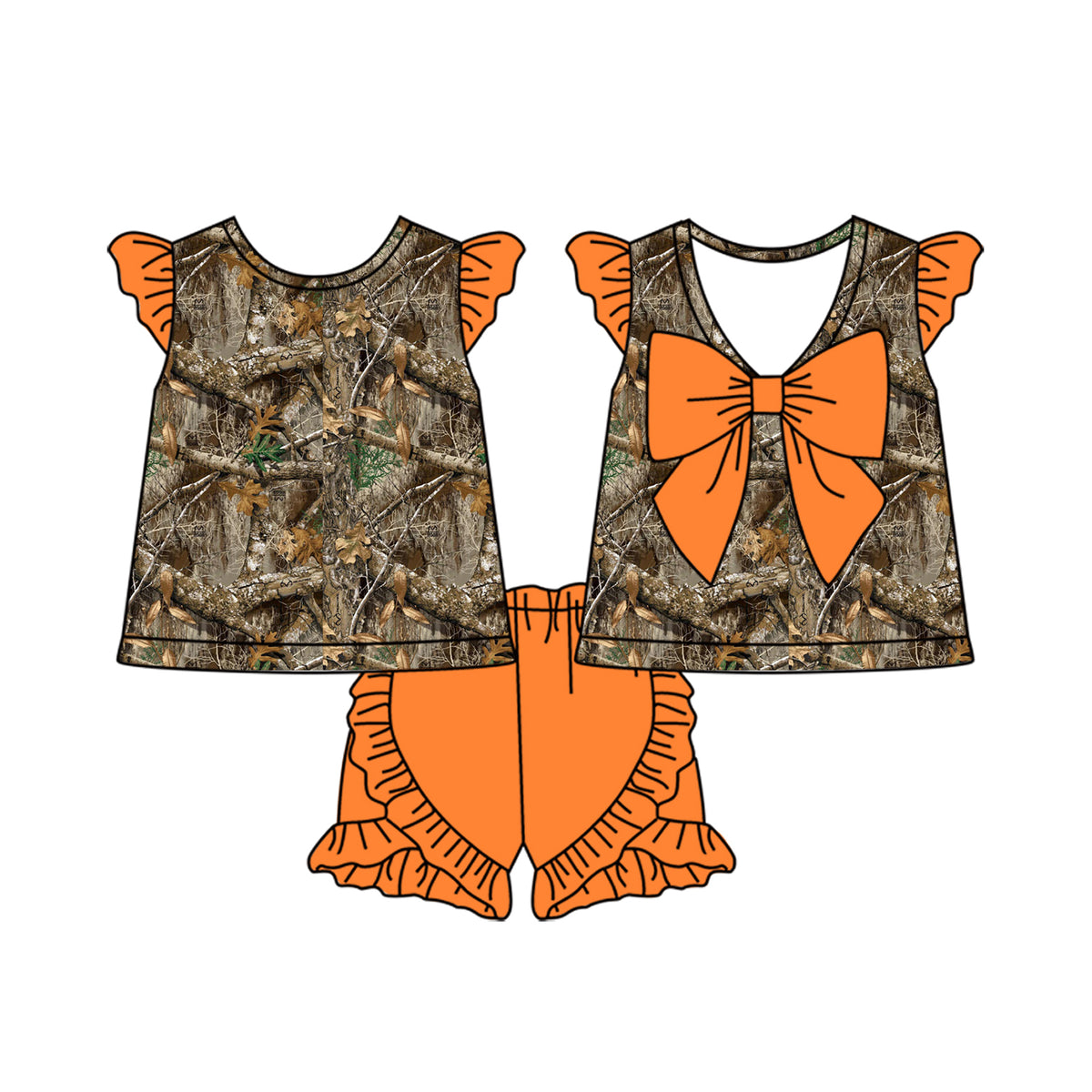 Preorder GSSO1584 hunting branch bow flutter sleeve orange ruffles shorts girls set