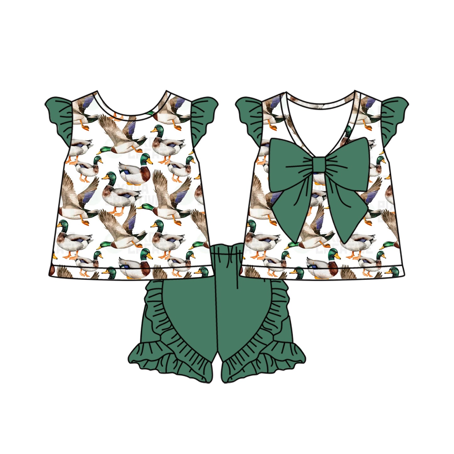 Preorder GSSO1585 hunting mallard duck green bow flutter sleeve green ruffles shorts girls set