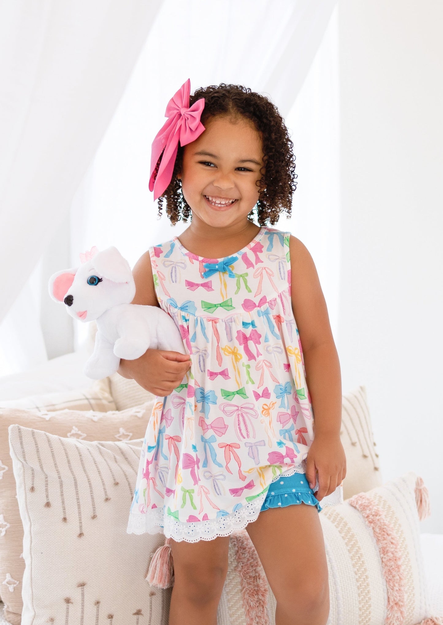 preorder GSSO1588 colorful bows sleeveless blue dot shorts girls set