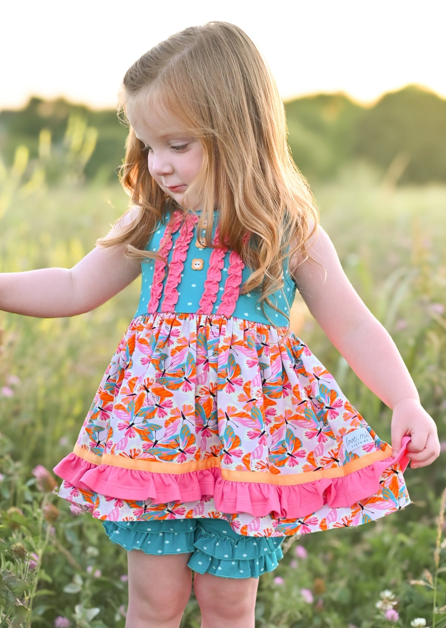 preorder GSSO1589 colorful flowers ruffles sleeveless blue dot shorts girls set