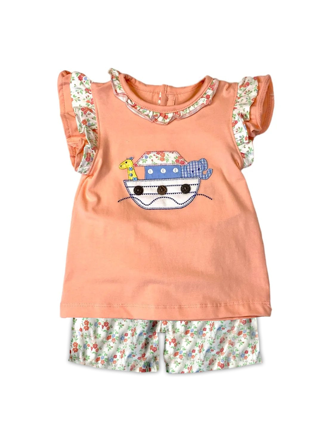 preorder GSSO1590 cartoon boat elephant giraffe orange flutter sleeve flowers shorts girls set