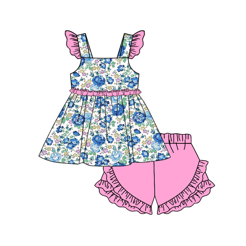 preorder GSSO1591 blue flowers hot pink flutter sleeve ruffles shorts girls set