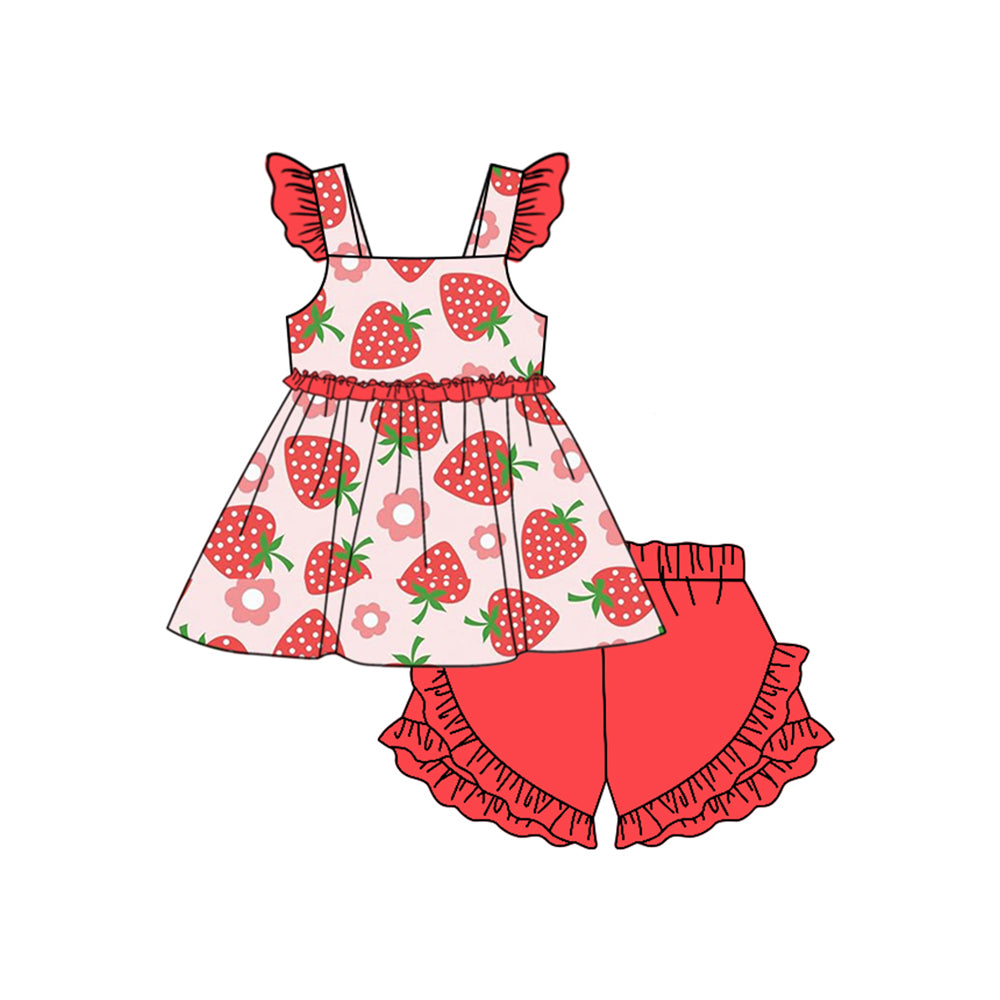 preorder GSSO1593 cute strawberry flowers flutter sleeve red ruffles shorts girls set