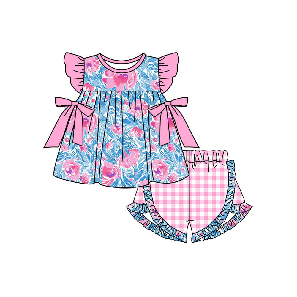 preorder GSSO1595 hot pink flowers blue print bows flutter sleeve checkered shorts girls set