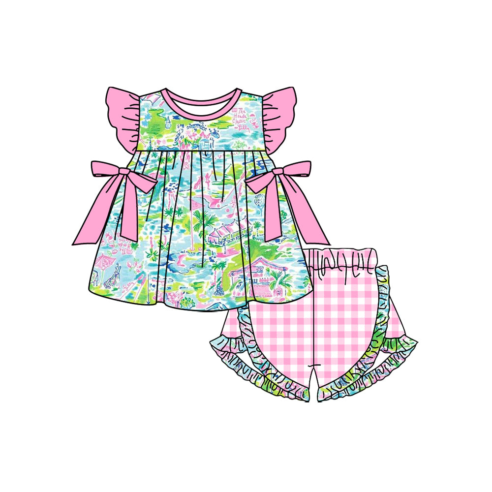 preorder GSSO1596 colorful house pavilion hot pink bows flutter sleeve checkered shorts girls set