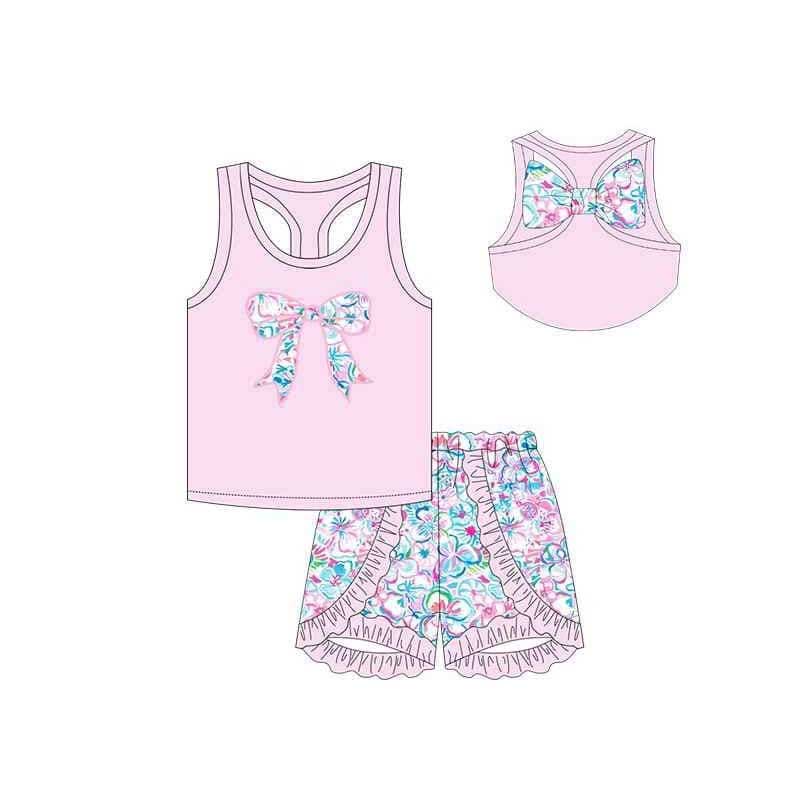 Preorder GSSO1604 colorful flowers bow pink sleeveless ruffles shorts girls set
