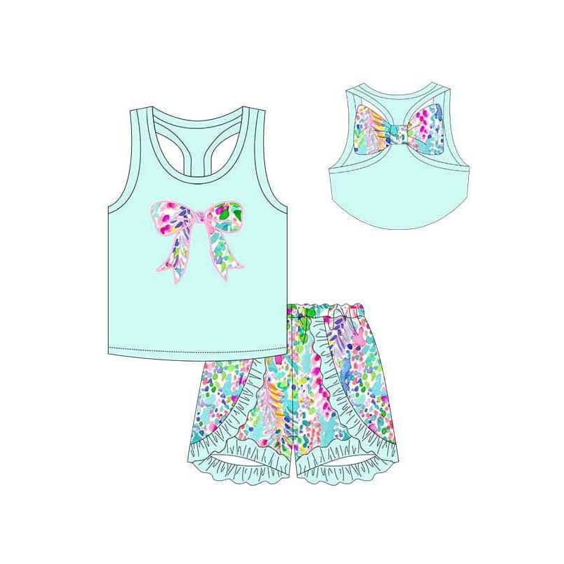 Preorder GSSO1606 colorful flowers bow blue sleeveless ruffles shorts girls set