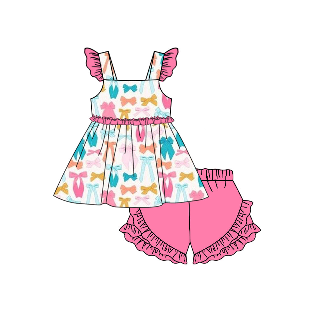 Preorder GSSO1608 colorful bows flutter sleeve hot pink ruffles shorts girls set