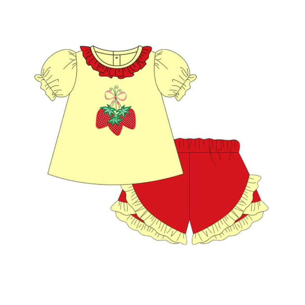 Preorder GSSO1610 cute strawberry yellow short sleeve red shorts girls set