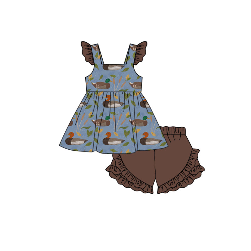 Preorder GSSO1613 cute mallard duck blue flutter sleeve brown shorts girls set
