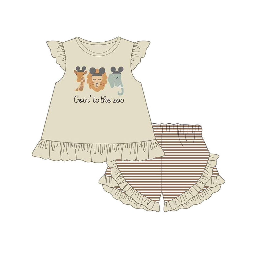 Preorder GSSO1615 goin' to the zoo elephant lion giraffe khaki flutter sleeve striped shorts girls set