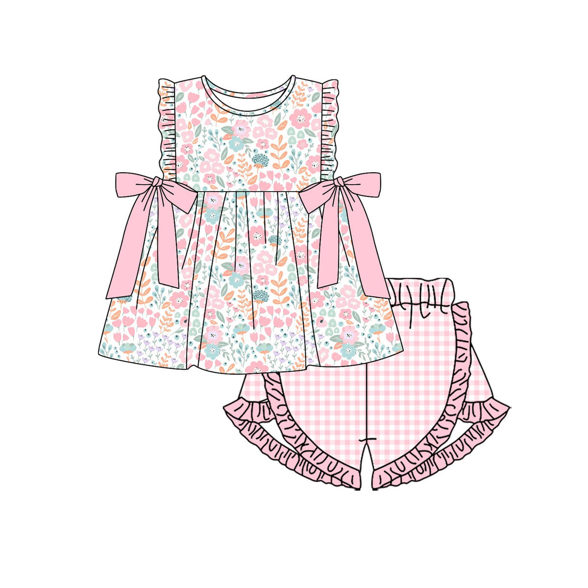 Preorder GSSO1619 colorful flowers bows flutter sleeve pink checkered ruffles shorts girls set