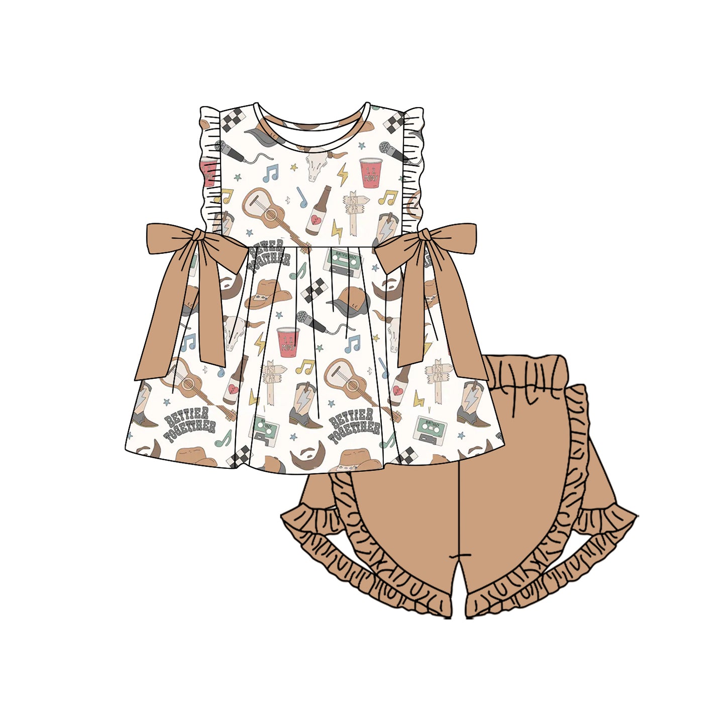 Preorder GSSO1621 Western boot cow bettier togettyer bows flutter sleeve brown shorts girls set