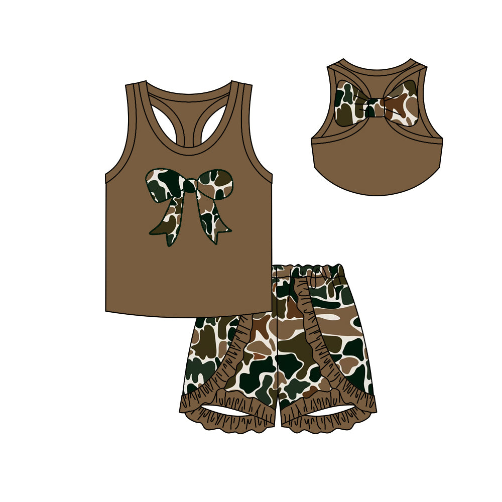 Preorder GSSO1625 hunting camo duck camo bow brown sleeveless ruffles short girls set