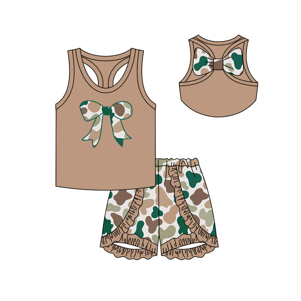 Preorder GSSO1626 hunting camo duck camo bow khaki sleeveless ruffles short girls set