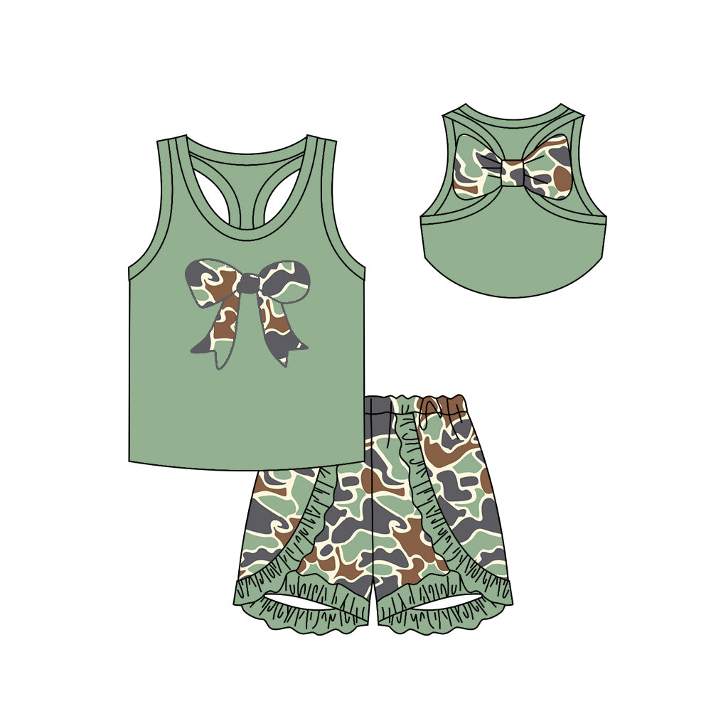 Preorder GSSO1630 hunting camo duck camo bow light green sleeveless ruffles short girls set