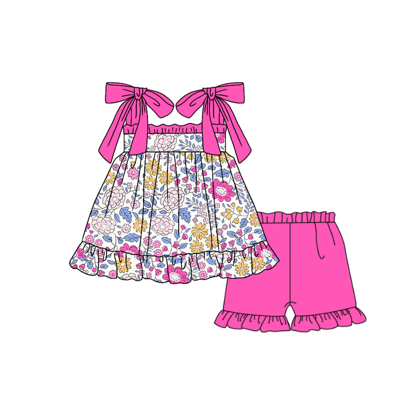 Preorder GSSO1631 colorful flowers hot pink straps hot pink shorts girls set